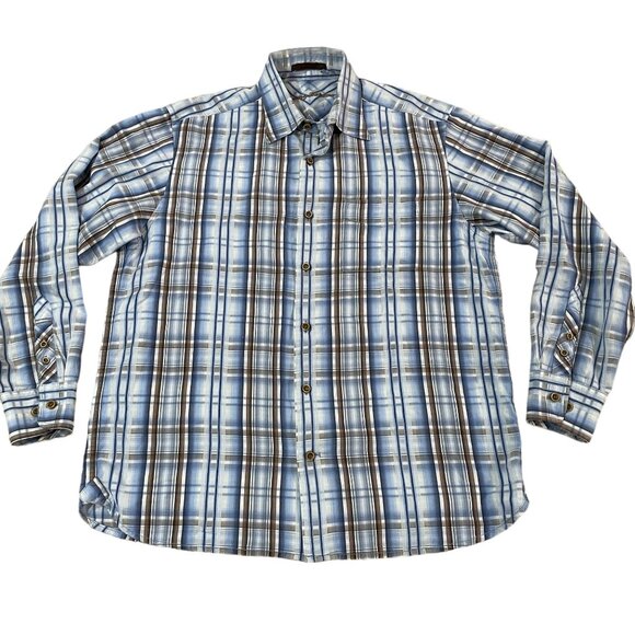Tommy Bahama Long Sleeve Plaid Shirt Men's Size Medium Blue Brown Tencel - Picture 1 of 5